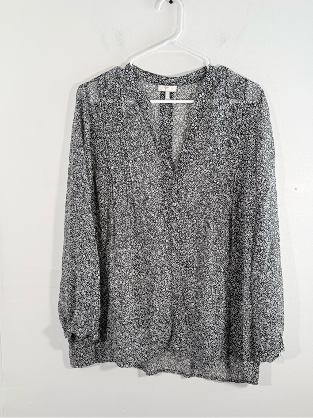 Joie Black White 100% Silk Ditsy Floral Long Sleeve Blouse Large